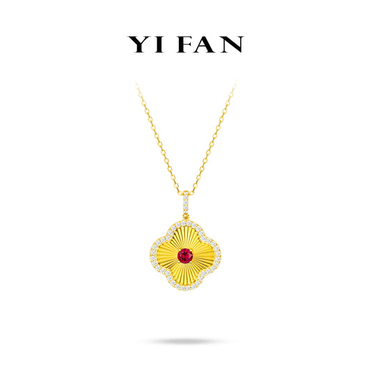 Ruby Color collection: Modern "Golden engraved Lucky Clover" detailed CNC Pendant/Necklace