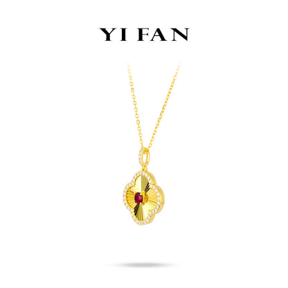 Ruby Color collection: Modern "Golden engraved Lucky Clover" detailed CNC Pendant/Necklace