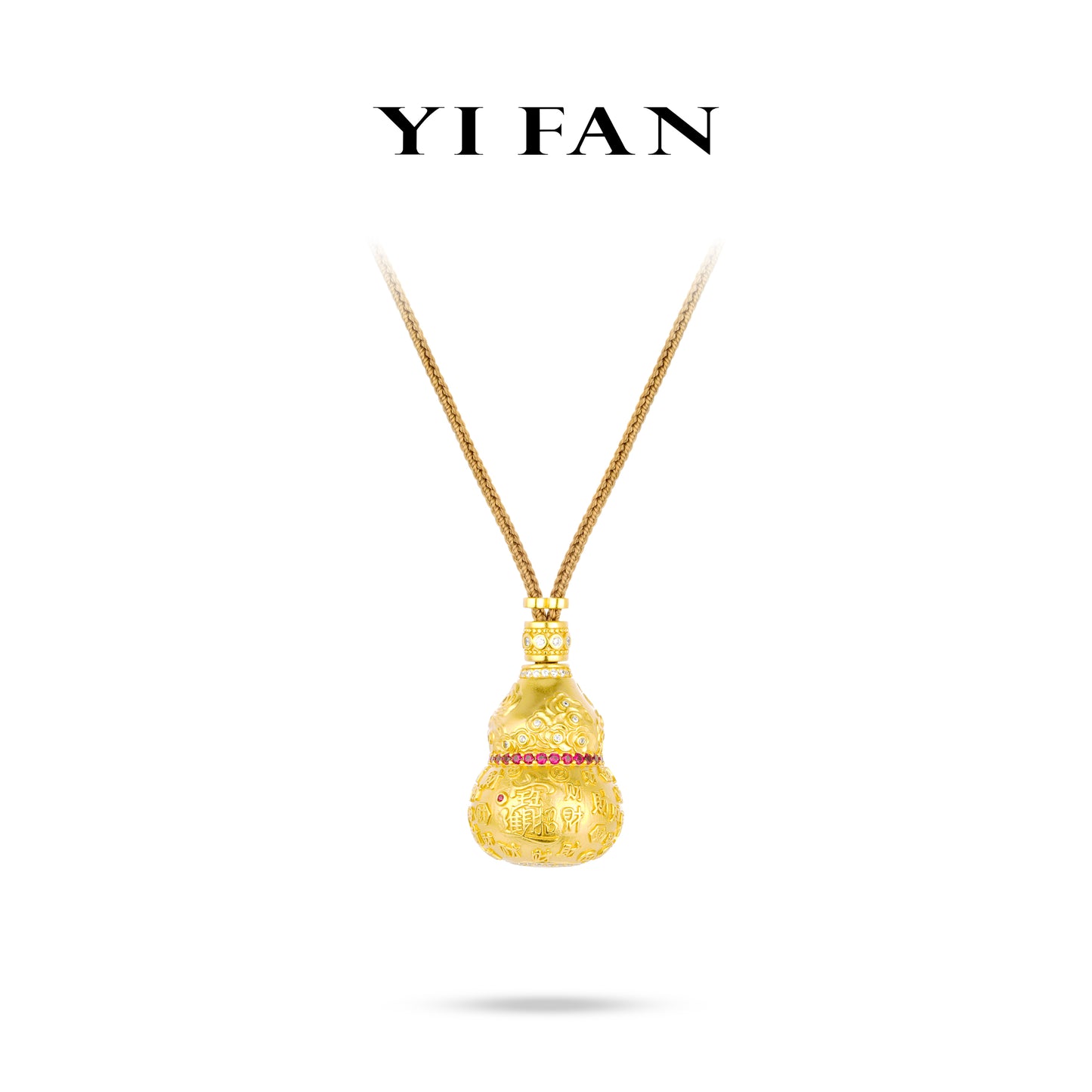 High Jewelry collection: Golden "3D intricate Carving Pattern Wealth Attracting Gourd" detailed Hulu Pendant/Necklace (with Hand-woven Khaki string/cord and hidden statue)
