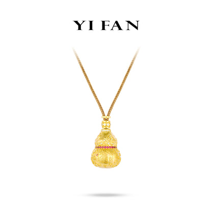 High Jewelry collection: Golden "3D intricate Carving Pattern Wealth Attracting Gourd" detailed Hulu Pendant/Necklace (with Hand-woven Khaki string/cord and hidden statue)
