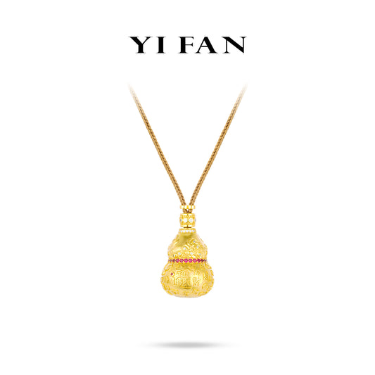 High Jewelry collection: Golden "3D intricate Carving Pattern Wealth Attracting Gourd" detailed Hulu Pendant/Necklace (with Hand-woven Khaki string/cord and hidden statue)
