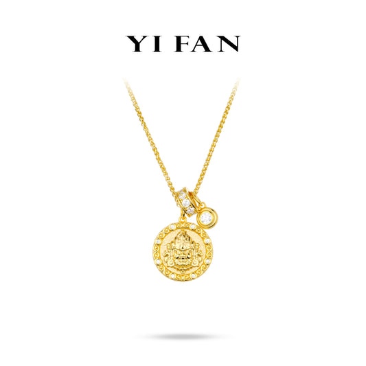 Divine Blessing Collection: Hand carved "Golden God of Wealth Disc" detailed Pendant/Necklace (Unisex)