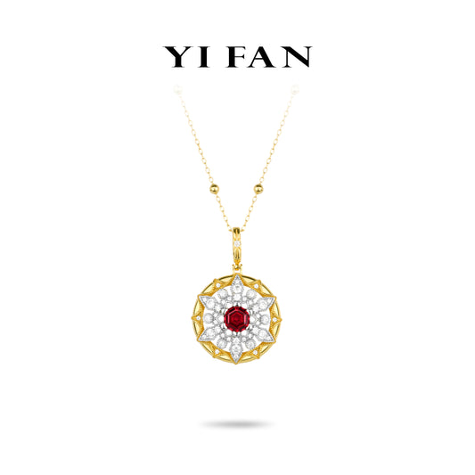 Ruby Color collection: Modern "Ancora Red Hexagon Golden Hollow Sunflower" detailed Pendan/Necklace