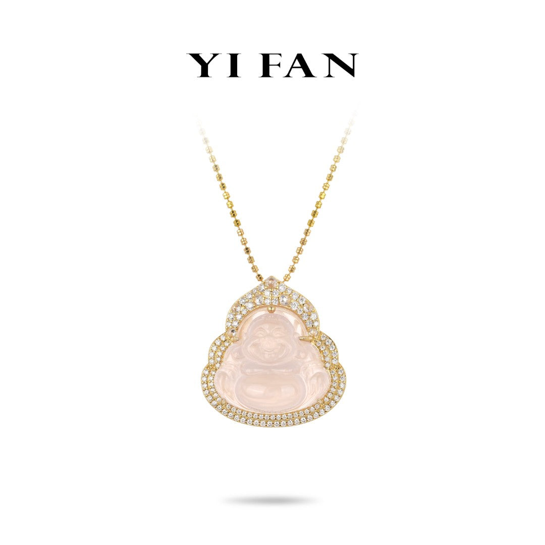 Pre-order High Jewelry Collection: Golden Light Pink Icy Jade Maitreya the "Laughing Buddha," detailed pendant with bead chain