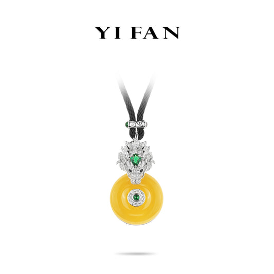 High Jewelry collection: Premium Yellow Jade Amulet "Ping An Kou Dragon" Modern Necklace