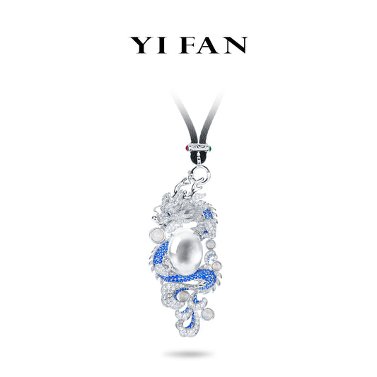 High Jewelry Collection: Luxury "Blue Dragon frolicking with Luminous Pearl" Pendant Necklace (Unisex)