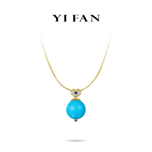 Golden Time Collection: Vintage style Dyed Blue Turquoise "Ruyi" detailed Pendant Necklace