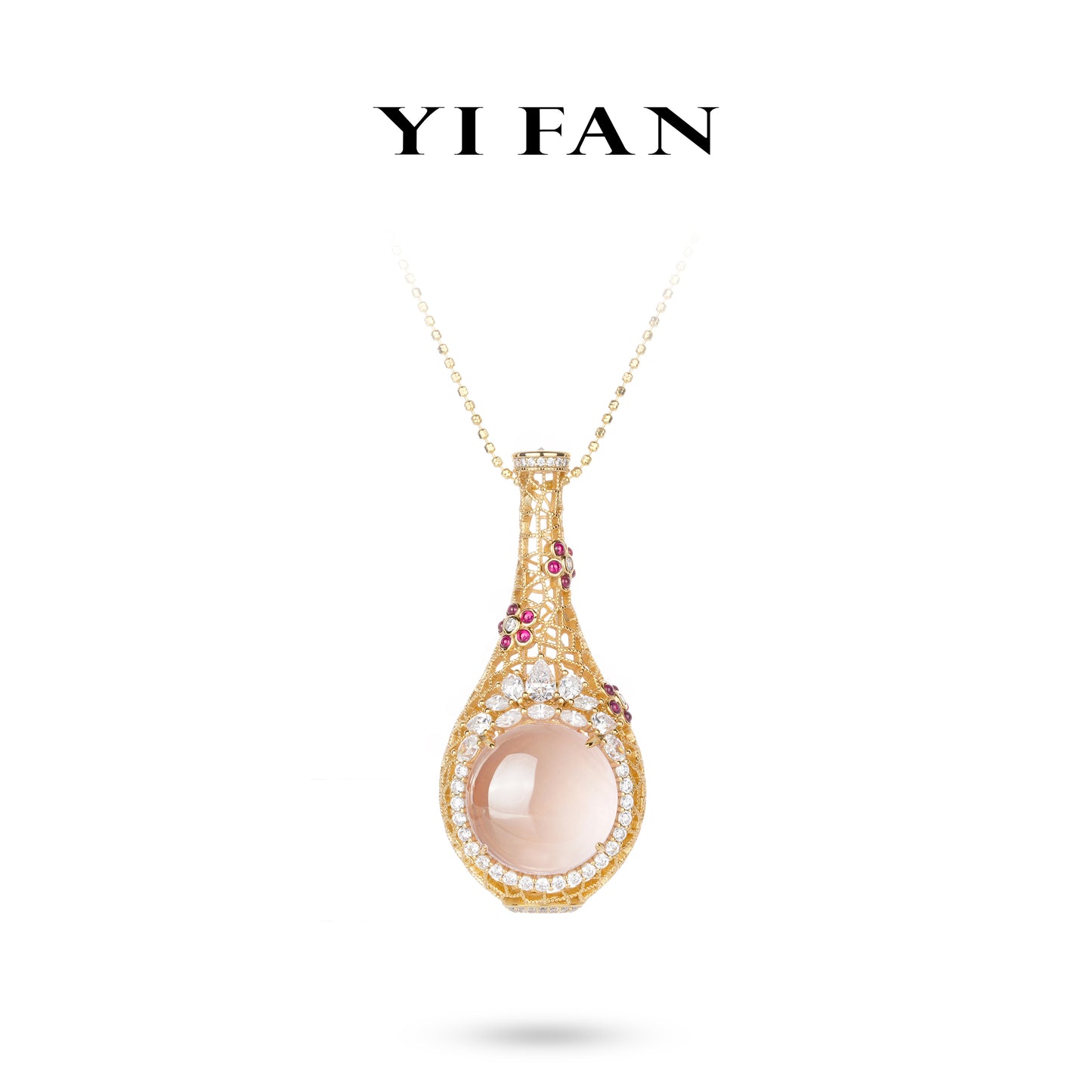 High Jewelry collection: "Golden Satin Hollow Pendant Necklace with Lavish Gem Bottle" featuring a large pigeon egg-sized icy-pink jade stone.