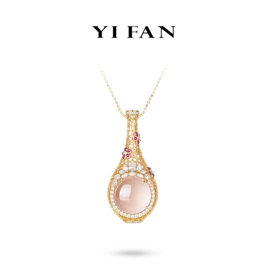 High Jewelry collection: "Golden Satin Hollow Pendant Necklace with Lavish Gem Bottle" featuring a large pigeon egg-sized icy-pink jade stone.