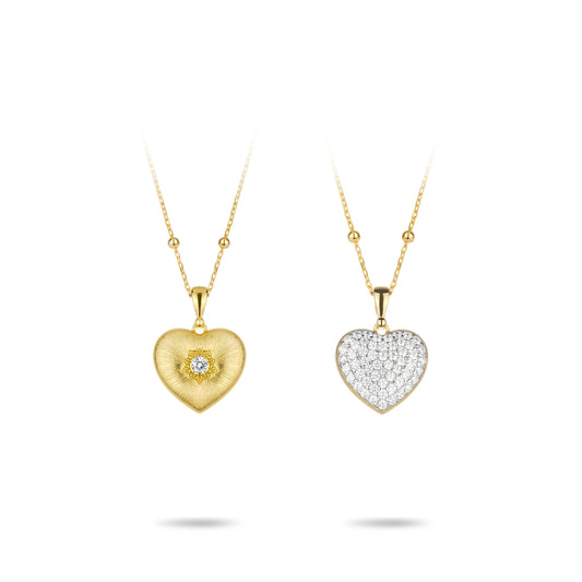 Golden time collection: Modern "Brushed Dazzling Heart" detailed Pendant Necklace (2 side to wear)