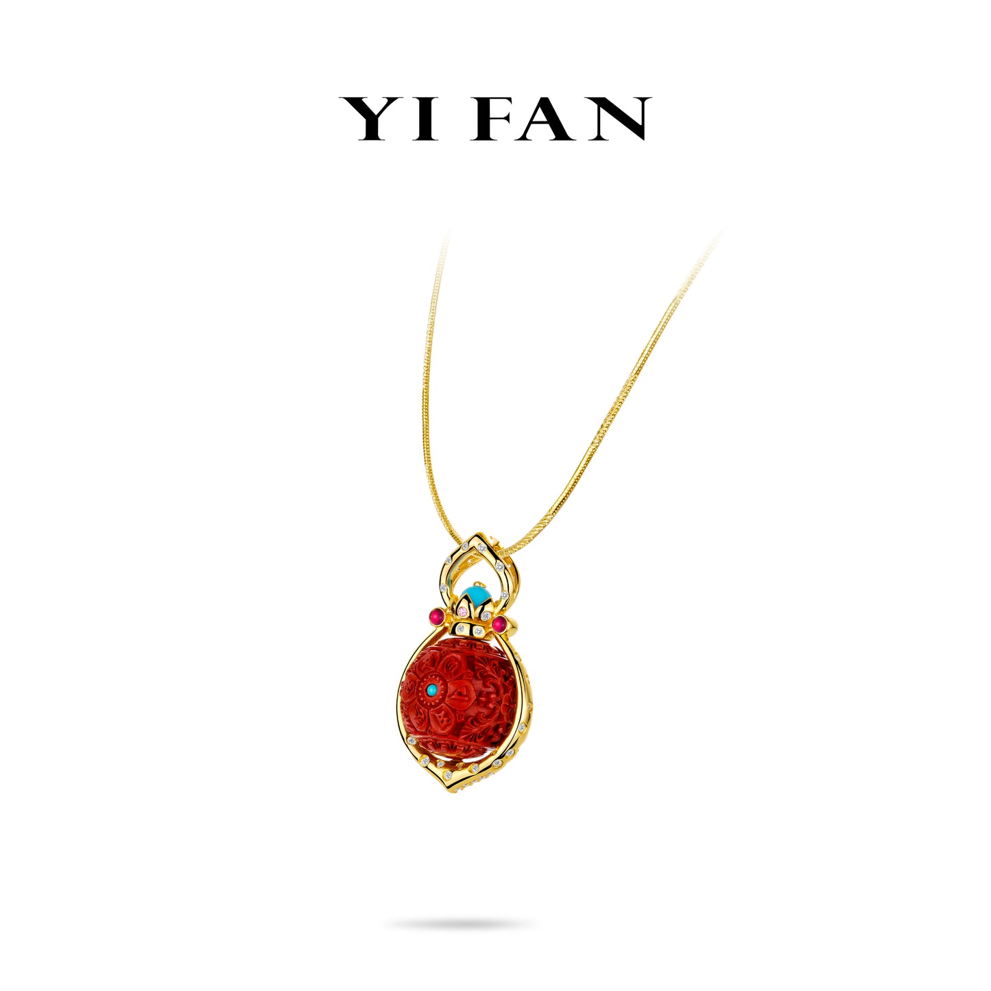 High Jewelry collection: "Red Hand-carved Crown Treasure Bead" detailed Rotating Pendant Necklace (360-Degree Rotatable Pendant)