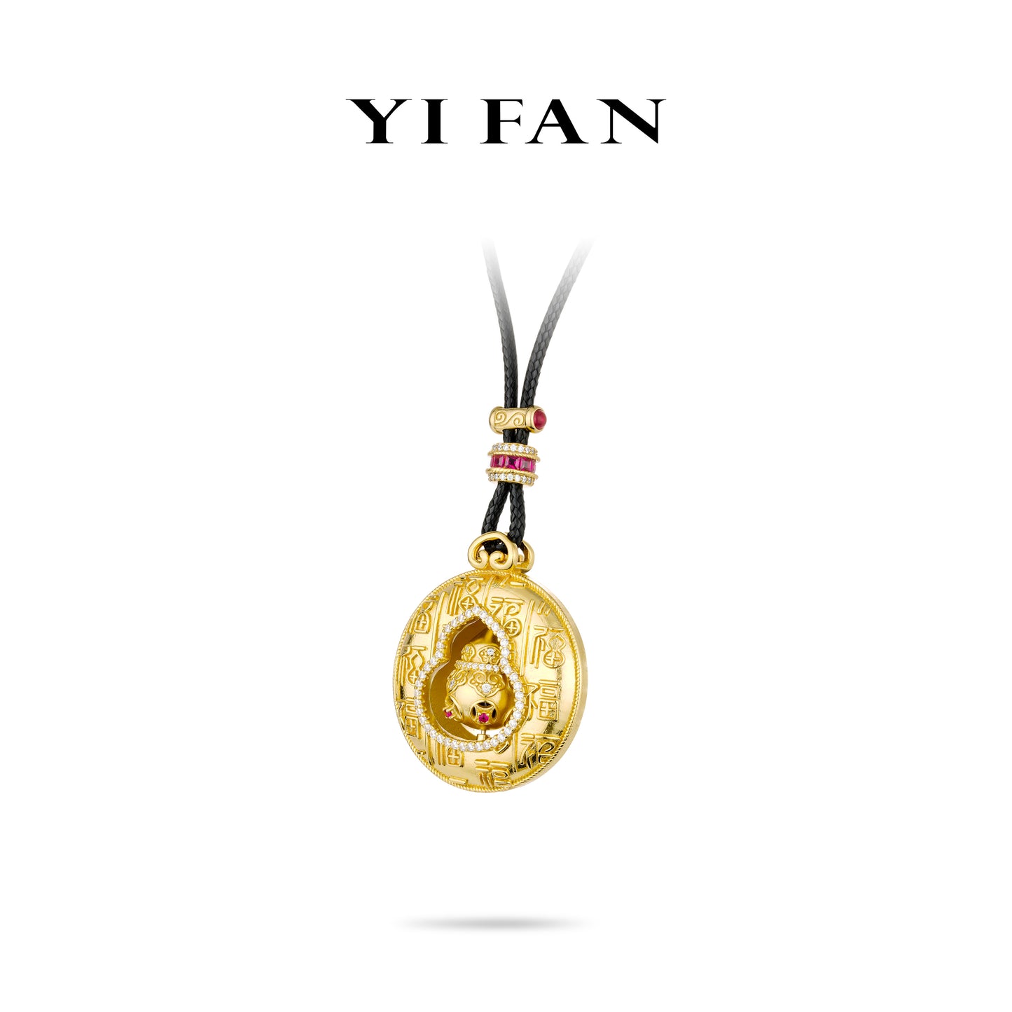 High Jewelry collection: "Golden Brushed Lucky Hulu with carved Safety Buckle" detailed Rotating Pendant Necklace (360-Degree Rotatable Pendant)