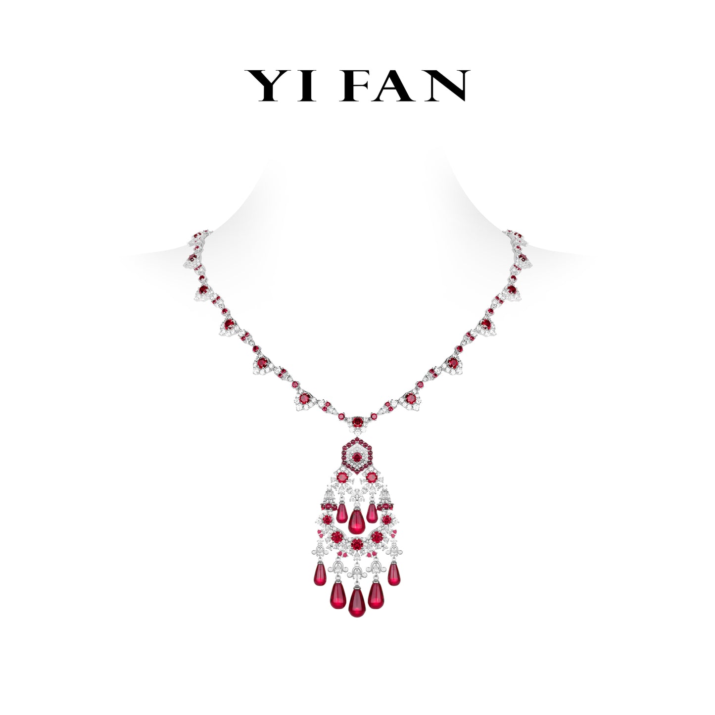 High Jewelry Ruby color collection: Luxury "Crimson Elegance Royal Opulence" detailed Banquet Necklace