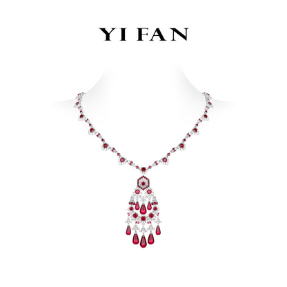High Jewelry Ruby color collection: Luxury "Crimson Elegance Royal Opulence" detailed Banquet Necklace