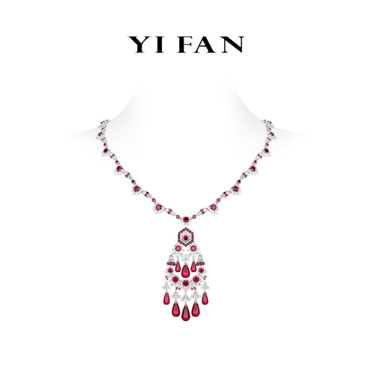 High Jewelry Ruby color collection: Luxury "Crimson Elegance Royal Opulence" detailed Banquet Necklace