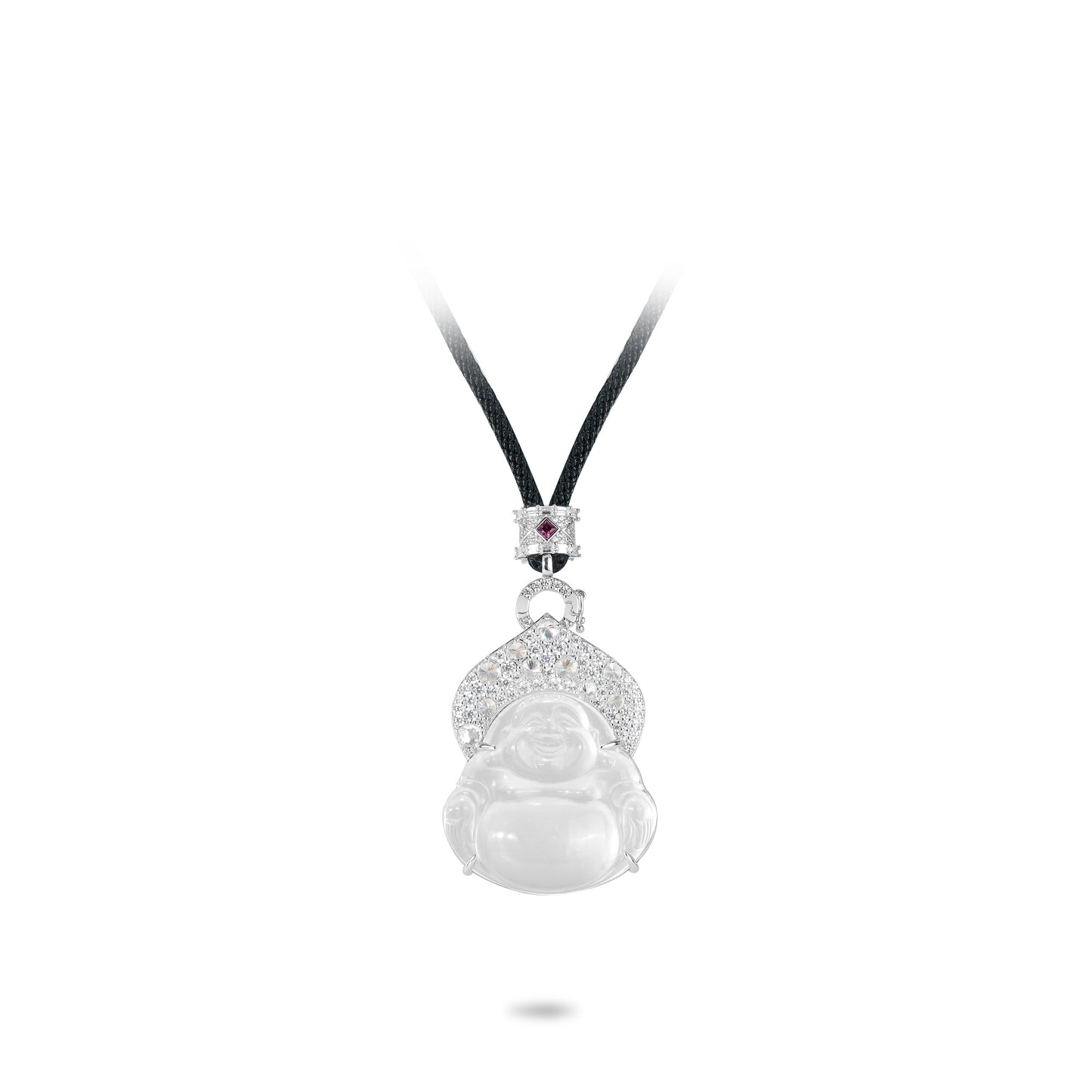 High Jewelry Collection:Icy Burmese Jade Maitreya the "Laughing Buddha," detailed pendant with black chain