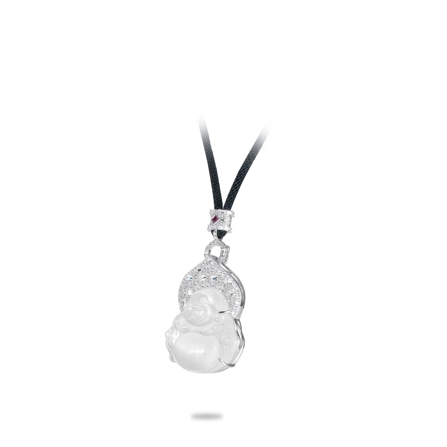 High Jewelry Collection:Icy Burmese Jade Maitreya the "Laughing Buddha," detailed pendant with black chain