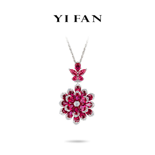 Ruby color collection: Modern Rose-Red "Immortal Flower" detailed Pendant Necklace