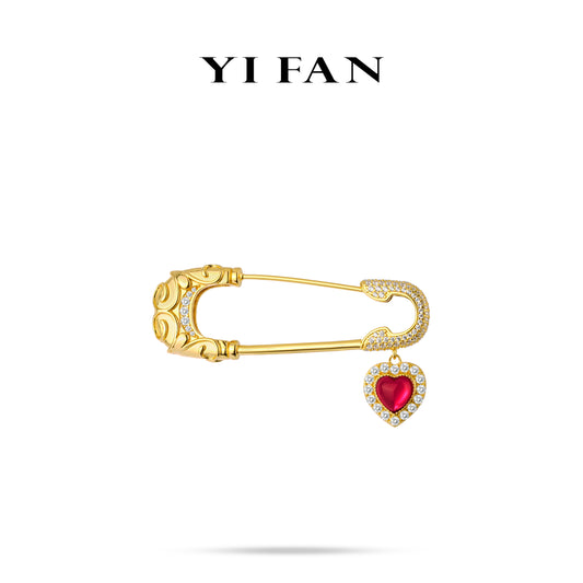 Ruby color collection: Luxury "Golden brushed Dragon-Pattern with Dangling Wine-Red Heart" exquisite Multi-purpose Pin/Brooch (Two side to wear)