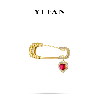 Ruby color collection: Luxury "Golden brushed Dragon-Pattern with Dangling Wine-Red Heart" exquisite Multi-purpose Pin/Brooch (Two side to wear)