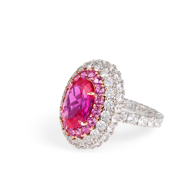 Micro-setting dark oval Pink diamond color Lab created stones Romantic Luxury statement ring, sterling silver