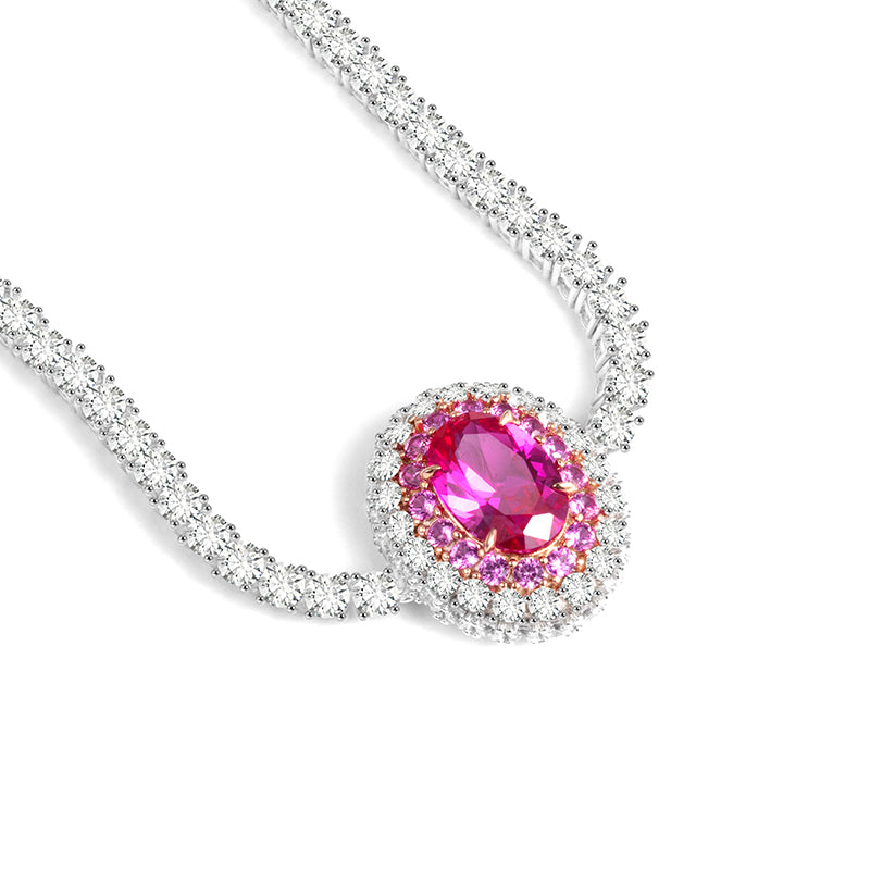 Micro-setting dark oval Pink diamond color Lab created stones Romantic Luxury Tennis chain collar necklace, sterling silver