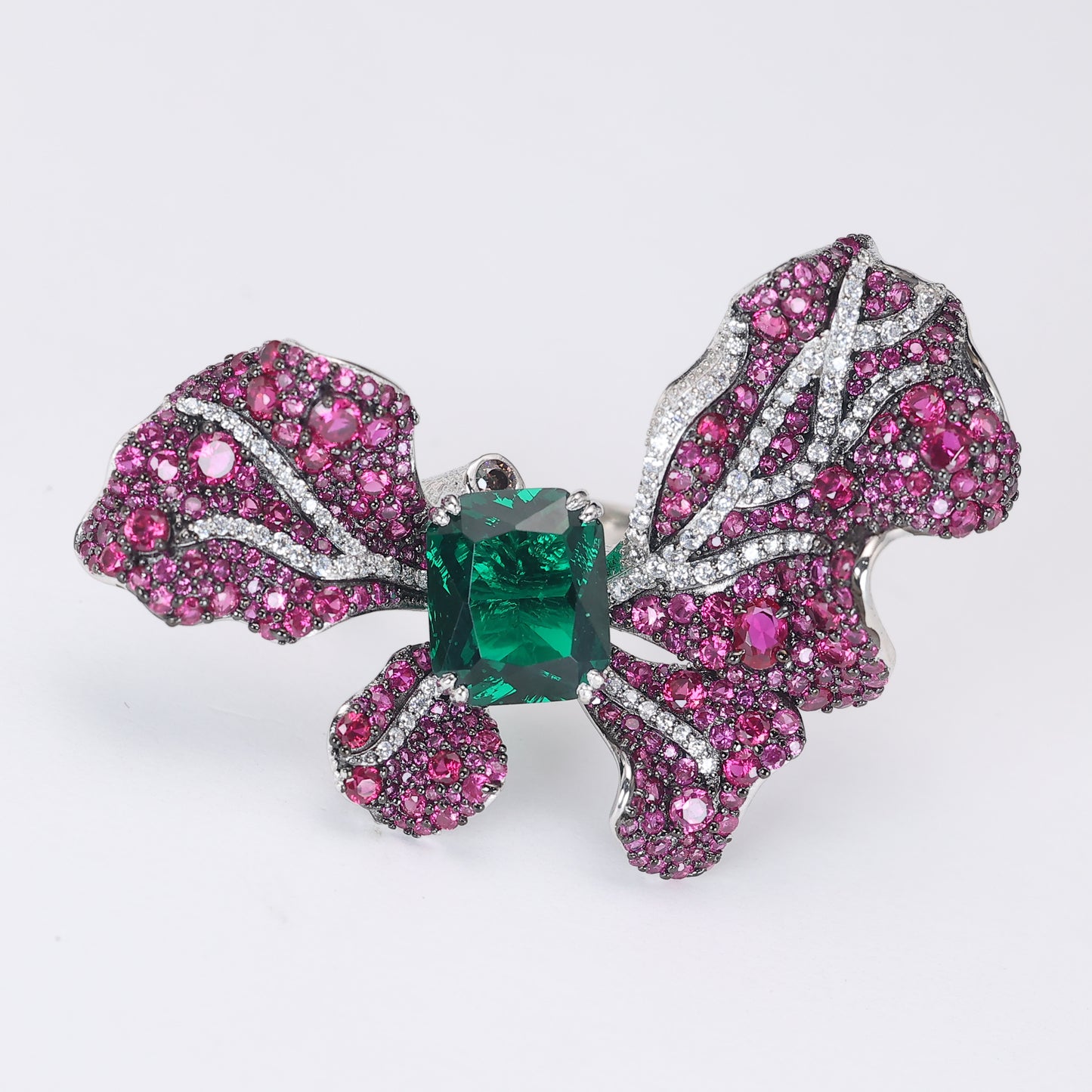 Customized Micro-setting emerald mixed color Lab created stones butterfly ring, sterling silver