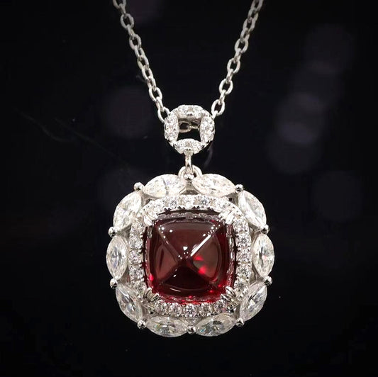 Micro-setting Ruby color Lab created stones horse eye shape sugar tower necklace, sterling silver