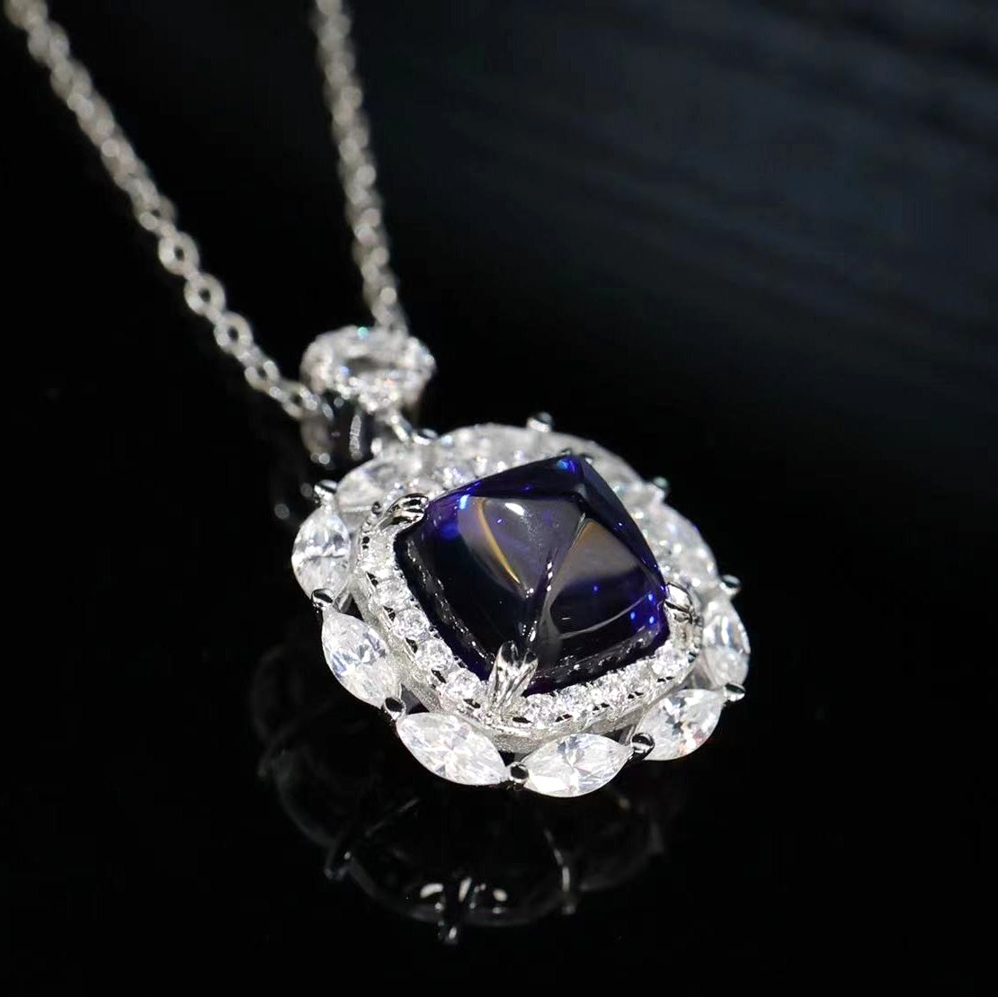 Micro-setting Sapphire color Lab created stones horse eye shape sugar tower necklace, sterling silver.