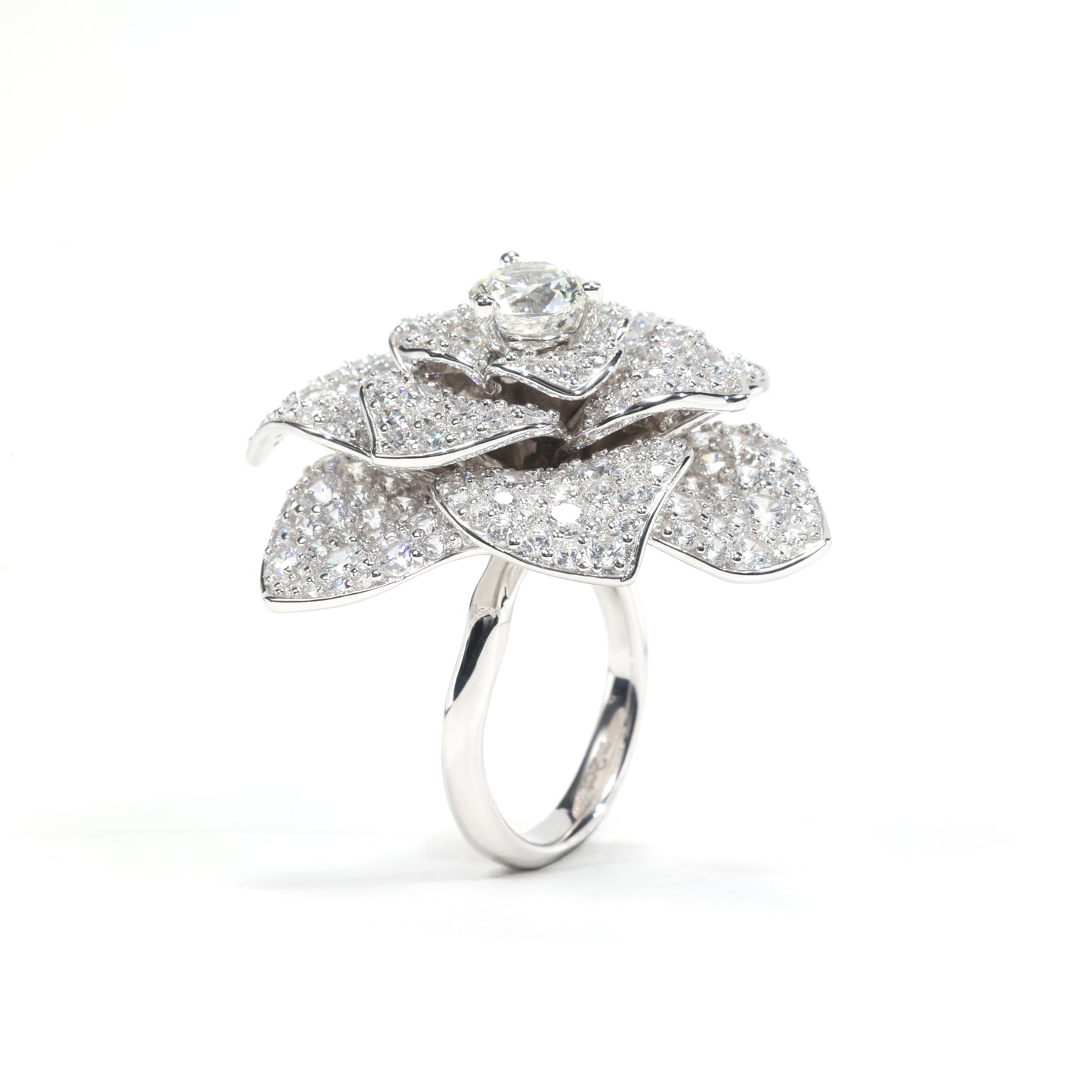 Micro-setting Clear diamond color Lab created stones luxury Camellia ring, sterling silver