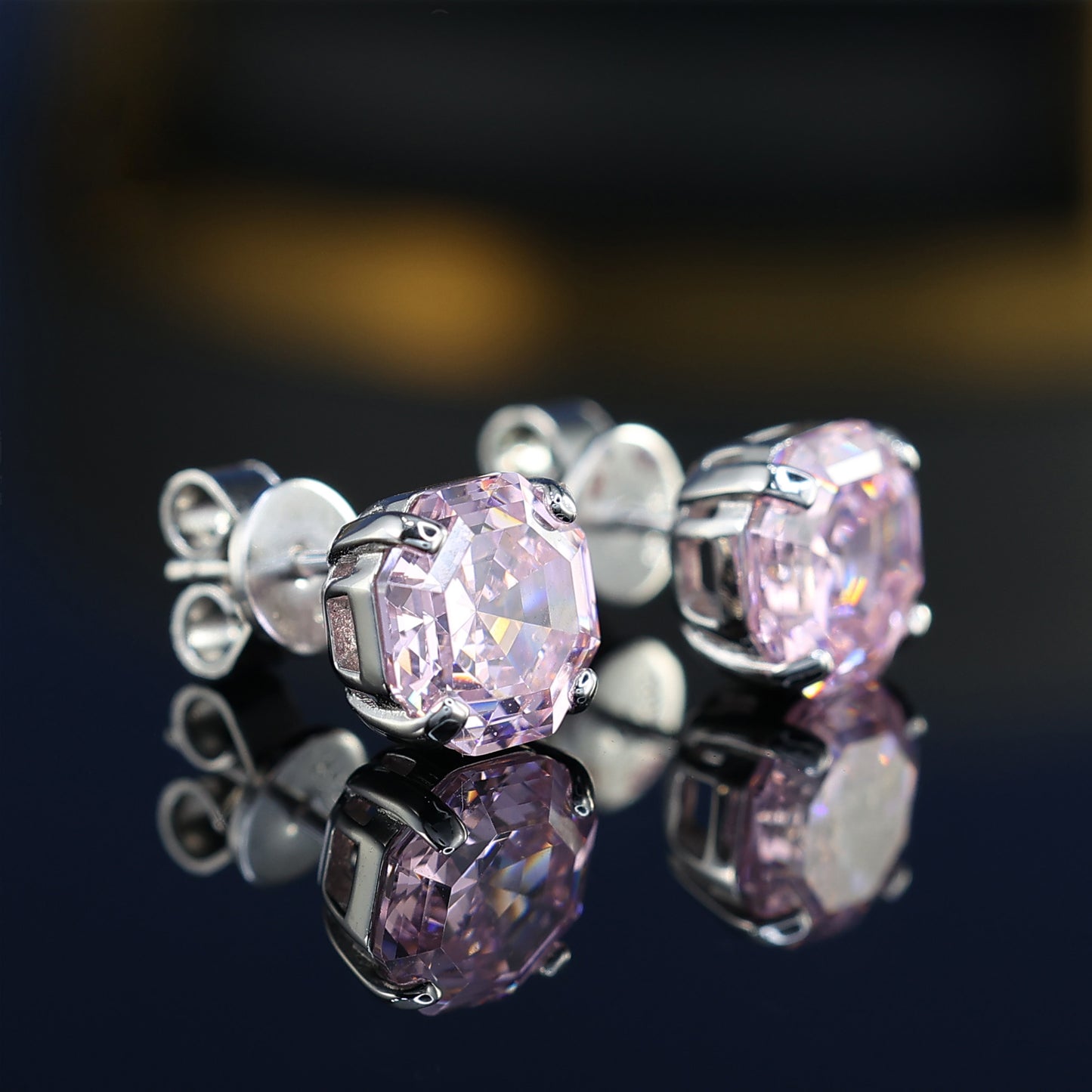 Special offer Pink diamond color Asscher-cut Lab created stones ear studs, sterling silver.