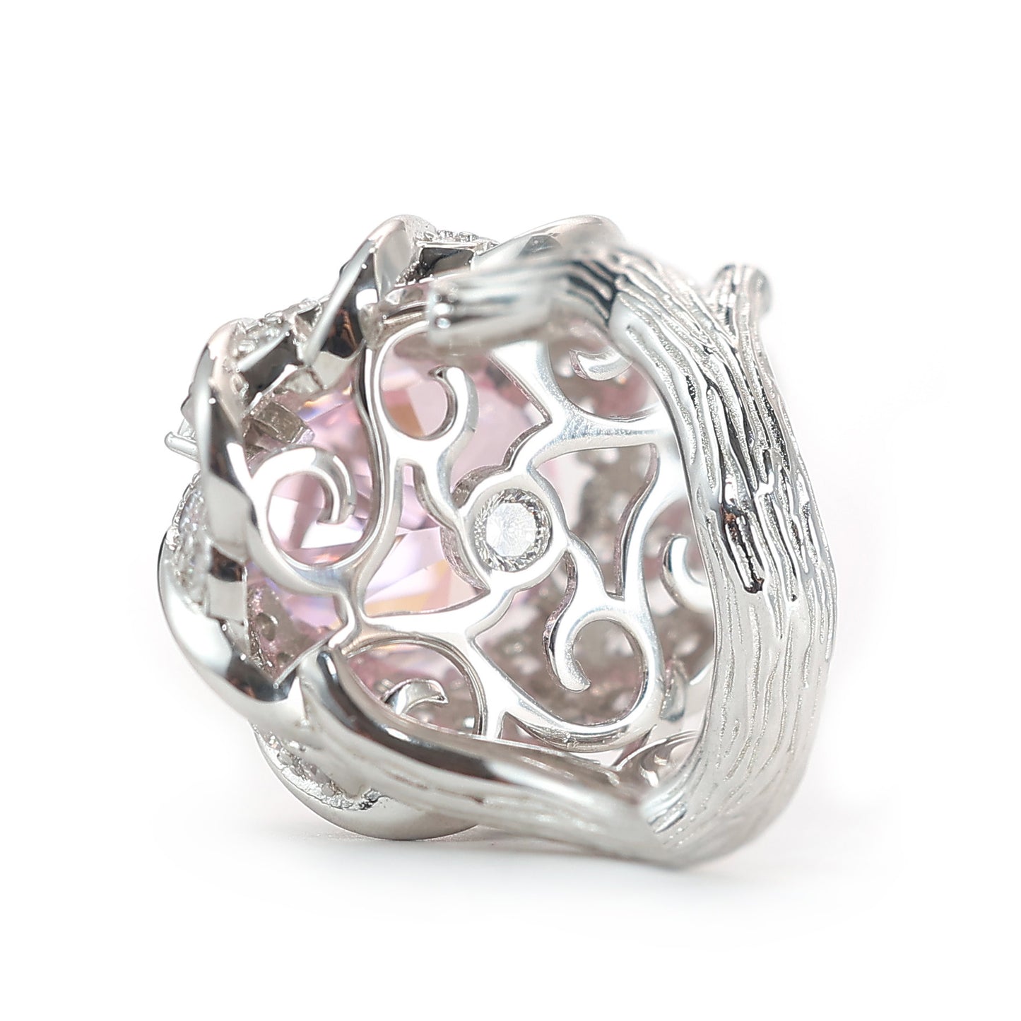 Micro-setting Pink diamond color Lab created stones rain cherry ring, sterling silver