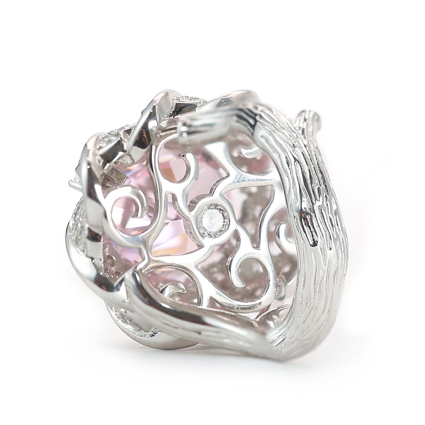 Regenkirsch-Ring mit rosa Diamanten in Mikrofassung, Farbe Lab erstellte Steine, Sterlingsilber