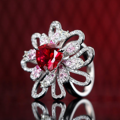 Micro-serti Couleur rubis Pierres créées par le laboratoire Bague artistique coeur en dentelle, argent sterling