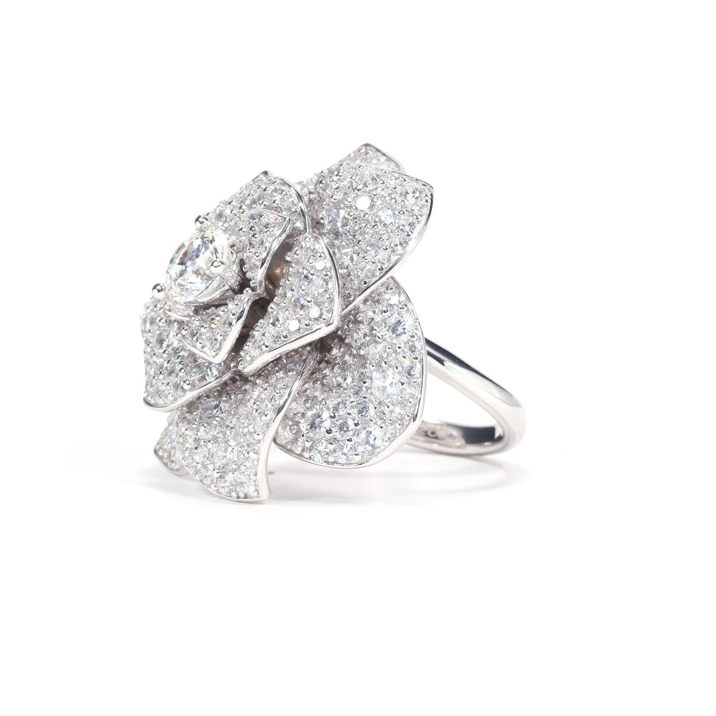 Micro-setting Clear diamond color Lab created stones luxury Camellia ring, sterling silver