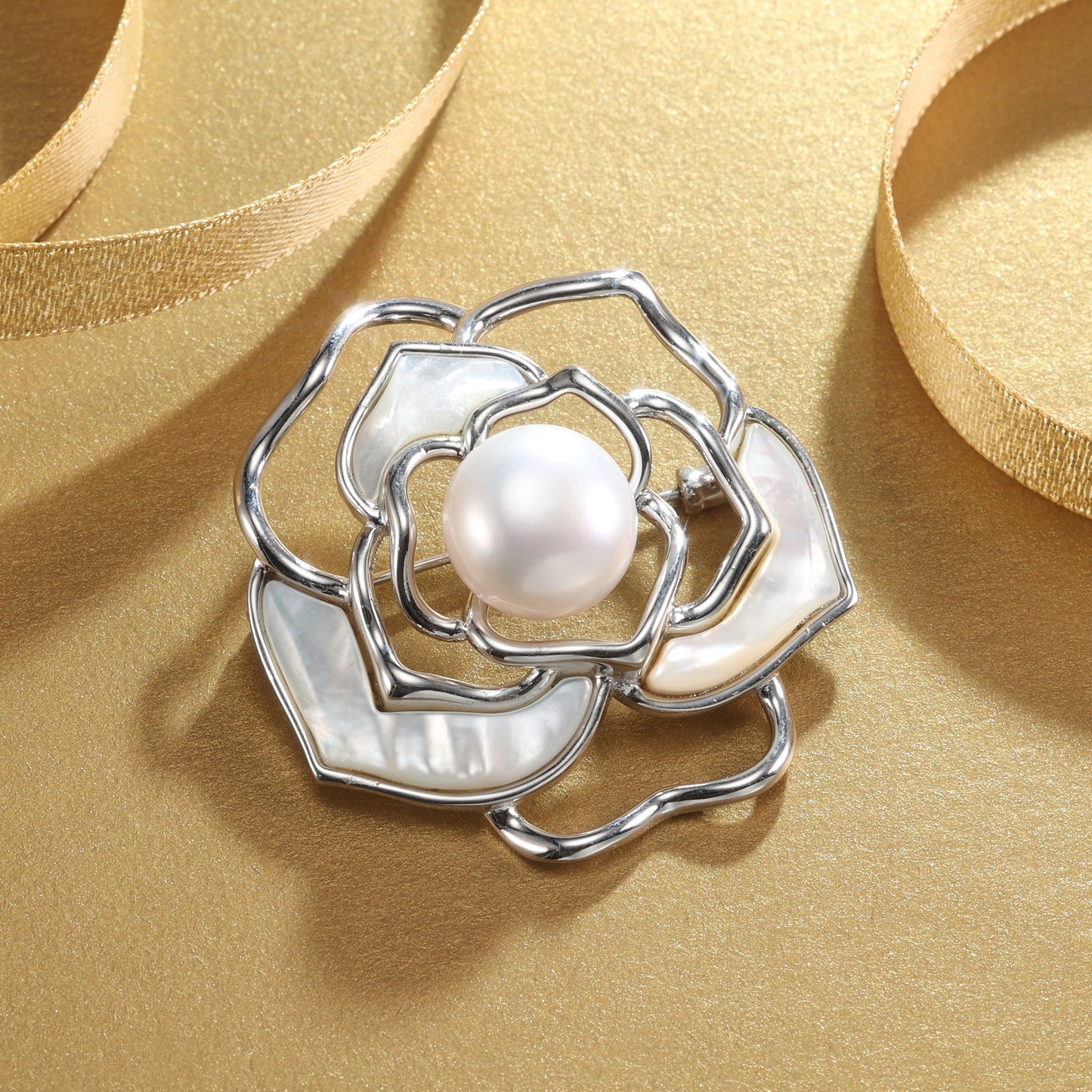 Reservation design White shell and Fresh water pearl Camellia brooch, sterling silver