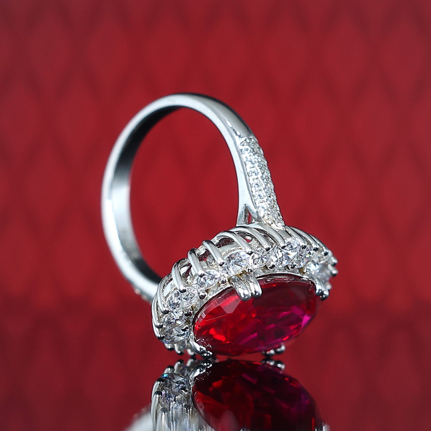 Promotional design Micro-setting Ruby color Lab created stones Classic Diana ring, sterling silver. (6 carat)