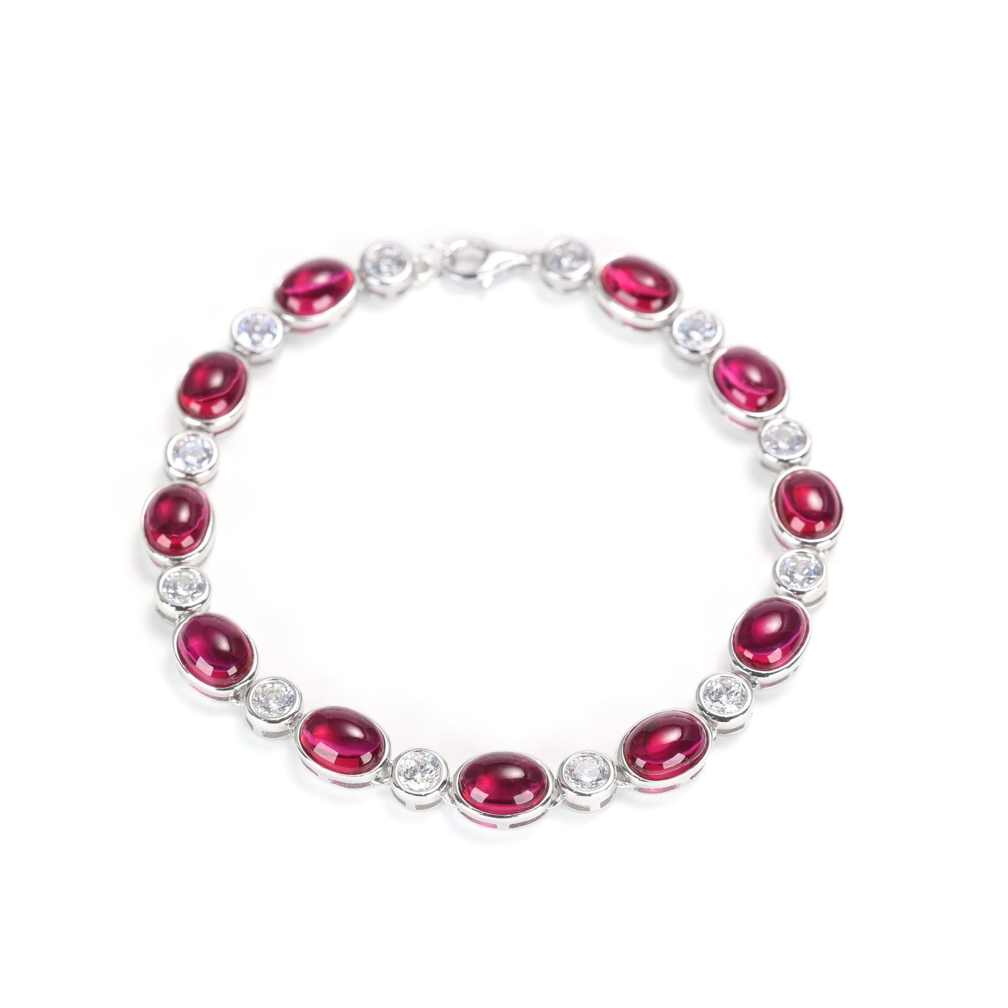 Conception de réservation Micro-serti Couleur rubis Coupe cabochon Bracelet en chaîne de tennis avec pierres créées en laboratoire, argent sterling