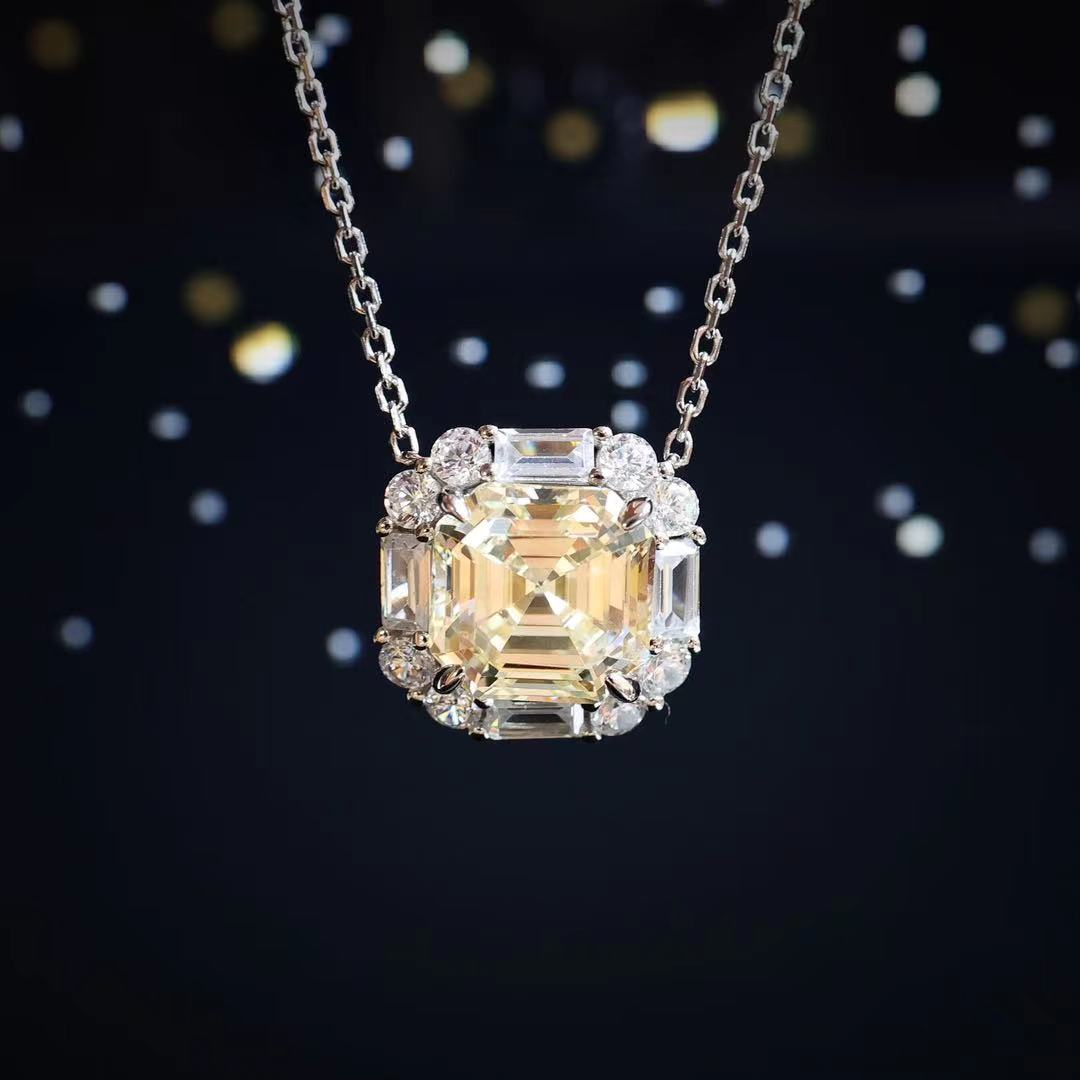 Micro-setting light yellow diamond color Asscher-cut Lab created stones square shape necklace, sterling silver