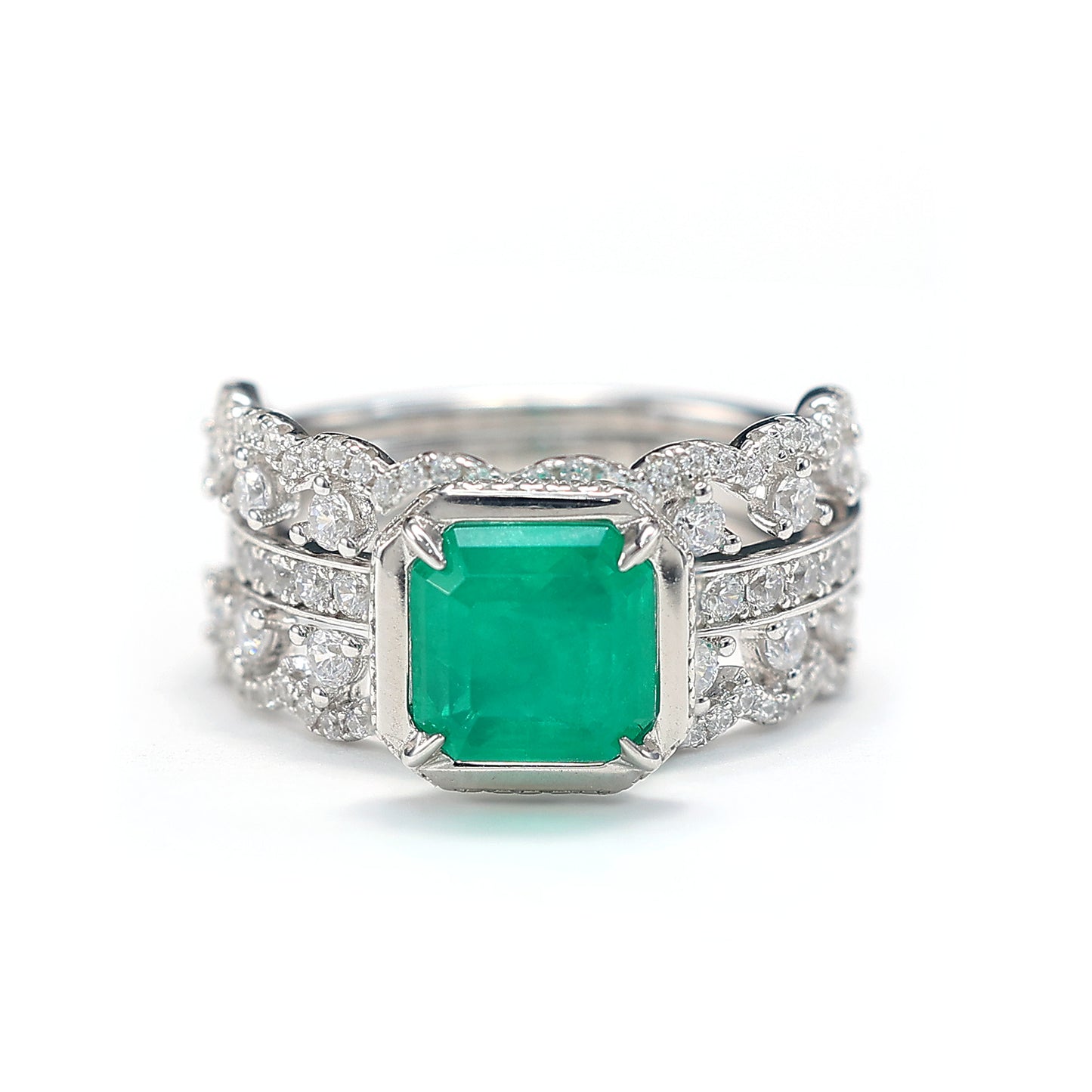 Micro-setting Emerald color square shape multi-purpose ring, sterling silver