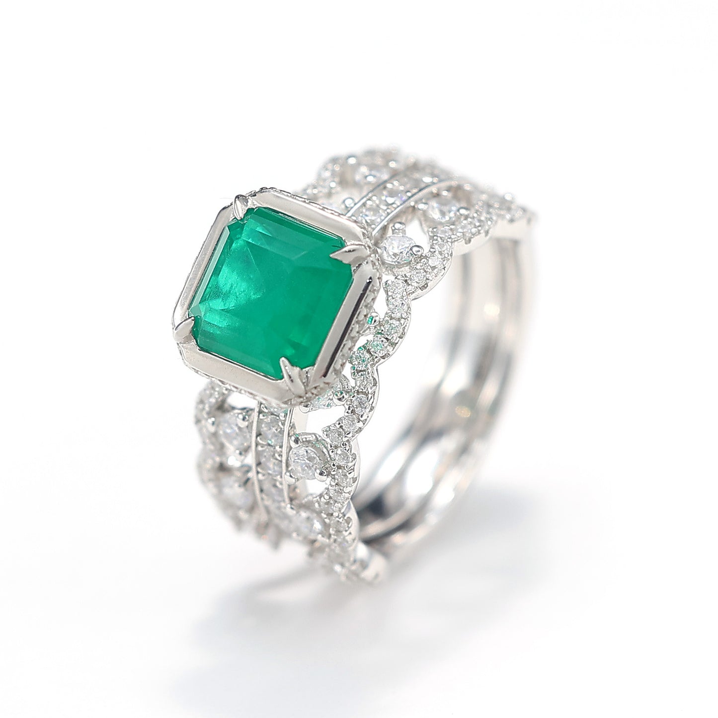 Micro-setting Emerald color square shape multi-purpose ring, sterling silver