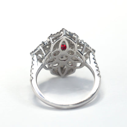 Micro-setting ruby color lab created stones fancy Four Leaf Clover ring, sterling silver