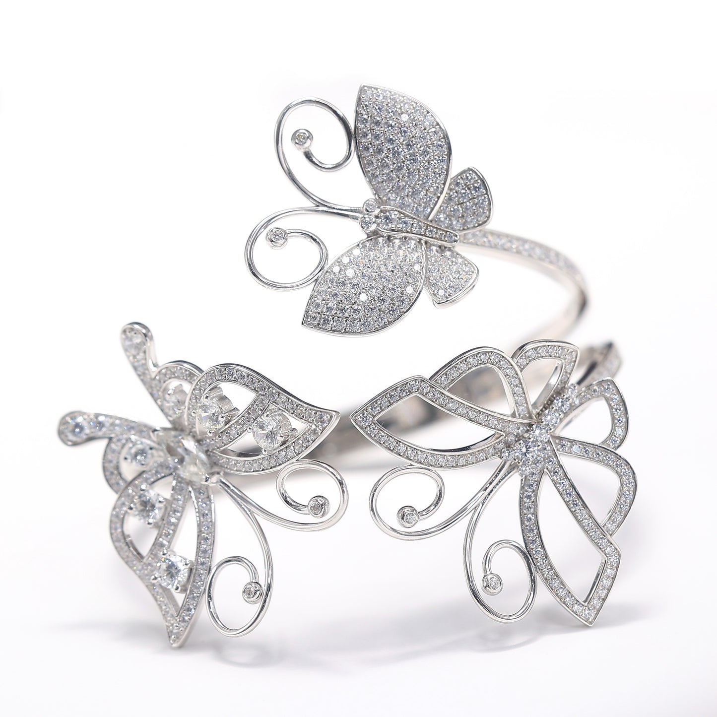 Micro-setting butterflies Lab created stones rise and dance bangle, sterling silver.