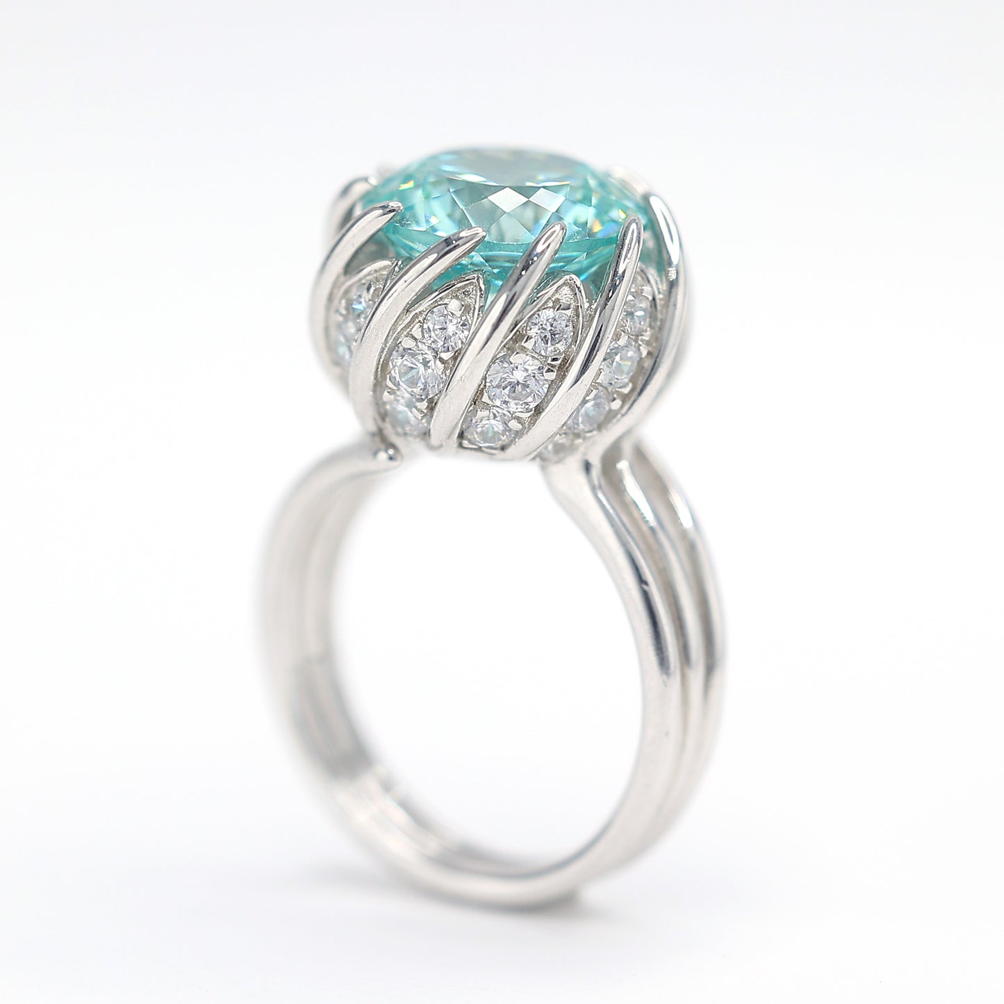 Micro-setting Paraiba color Lab created stones luxurious inlaid Lotus ring, sterling silver