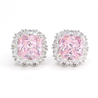 Special offer Micro-setting light pink diamond color princess cut square shape earrings. sterling silver