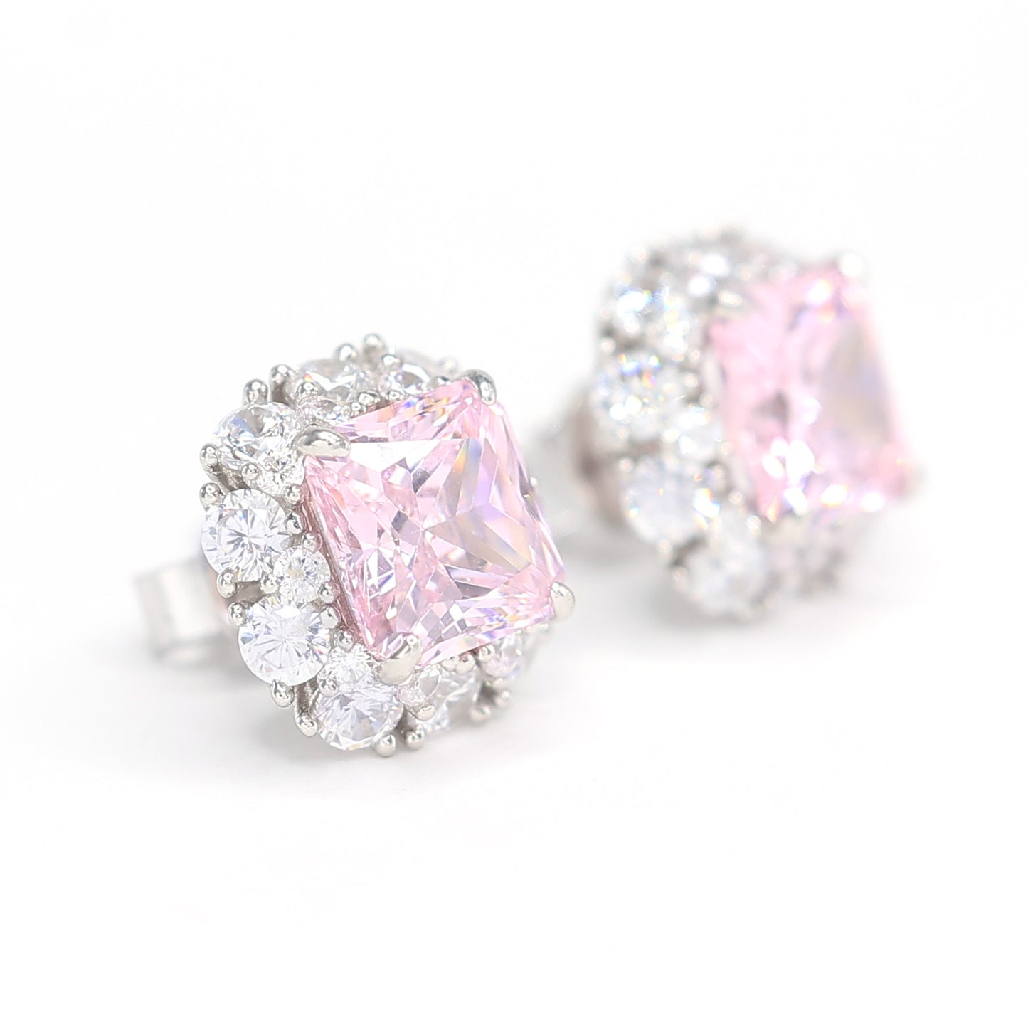 Special offer Micro-setting light pink diamond color princess cut square shape earrings. sterling silver