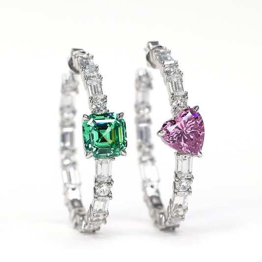 Micro-setting green and pink diamond color AB style detailed hoop earrings, sterling silver
