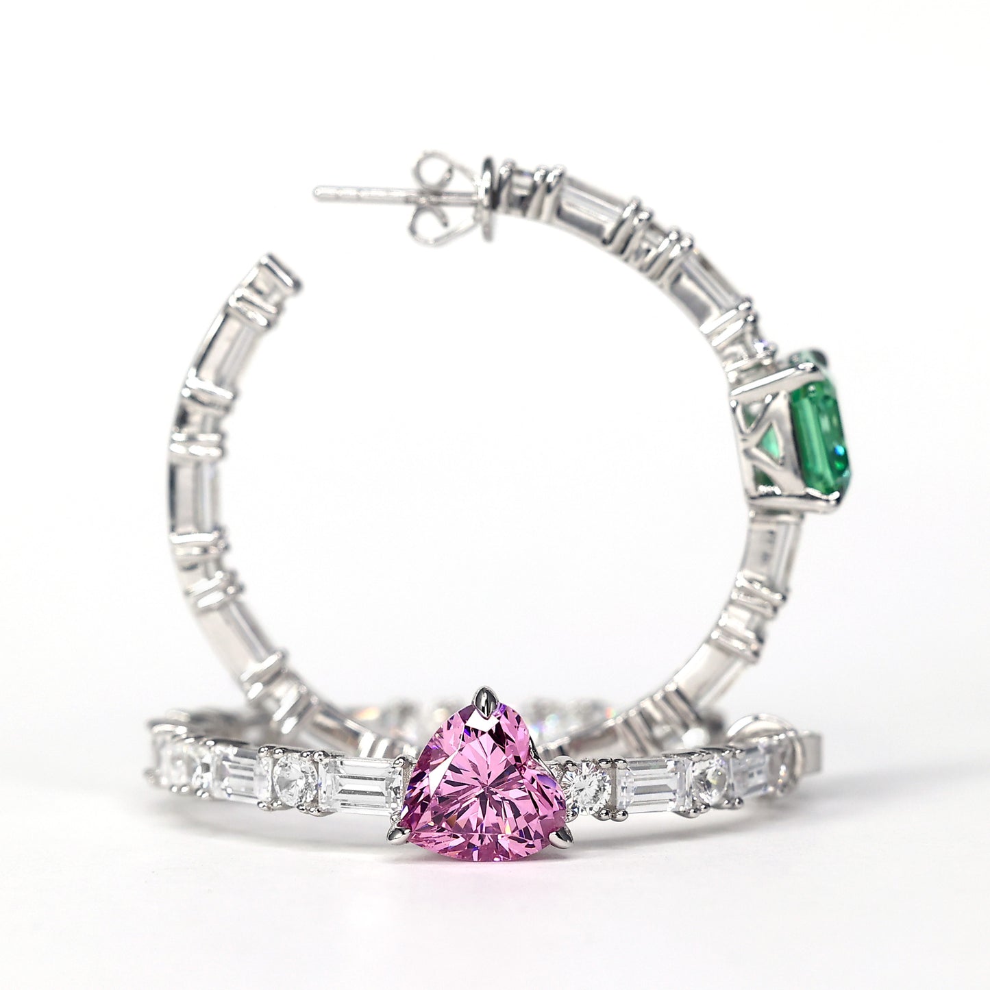 Micro-setting green and pink diamond color AB style detailed hoop earrings, sterling silver