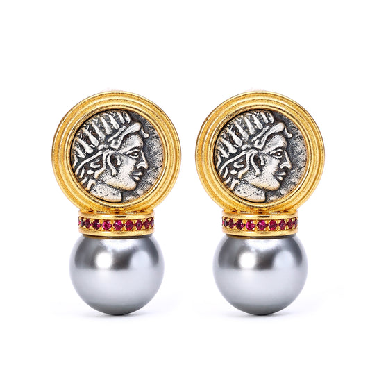 Micro-setting two-sided ancient coin Apollo earrings, sterling silver