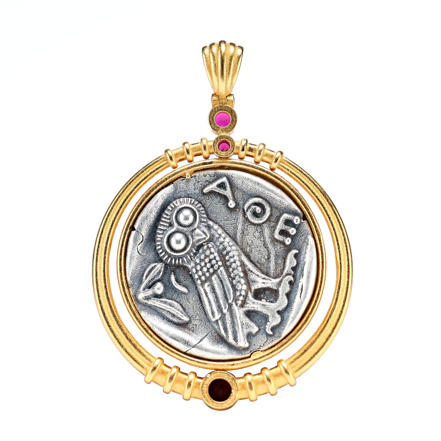 Micro-setting Ruby color two-sided ancient coins Goddess of wisdom Athena necklace, sterling silver